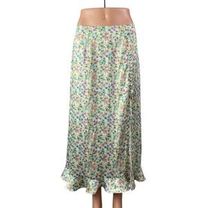 ZARA Multicolor Floral Satin Button Ruffle Hem Slit Midi A-Line Slip Skirt Sz M